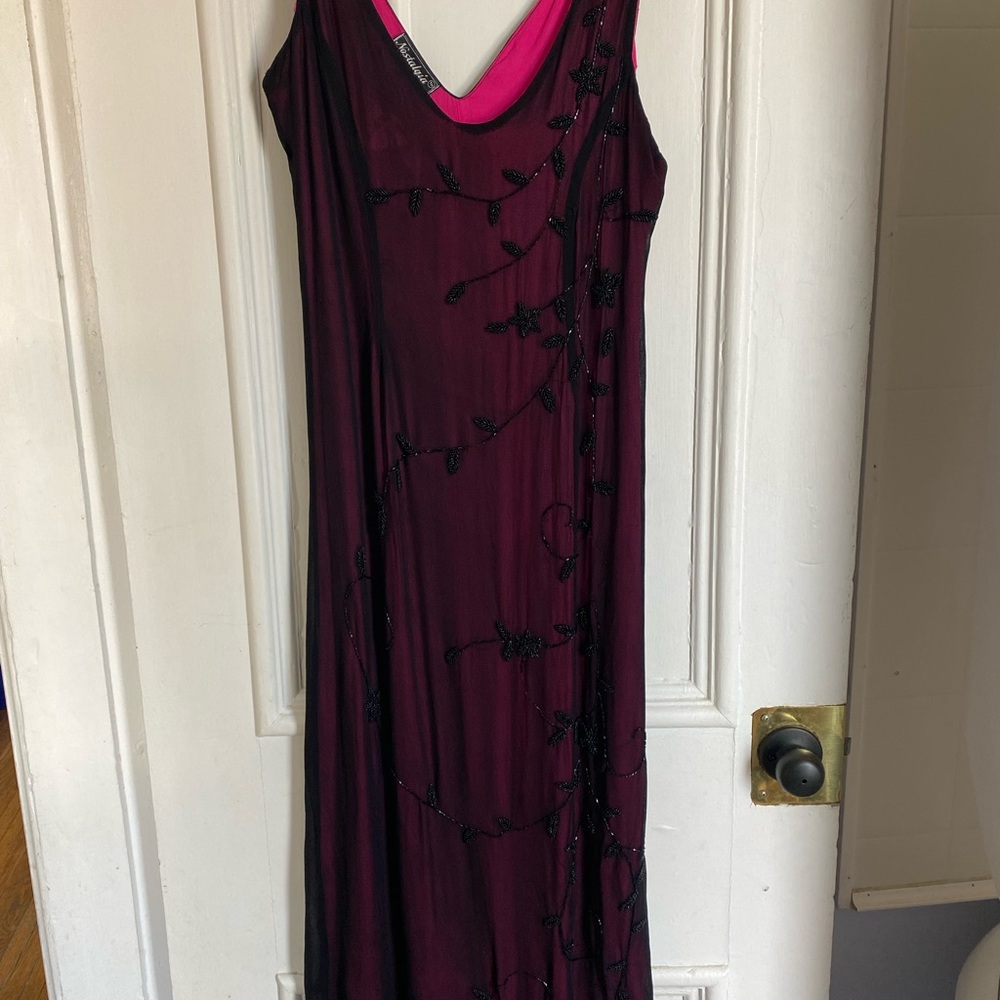 Vintage y2k Pink Dress with Black Mesh Overlay and Beaded Details